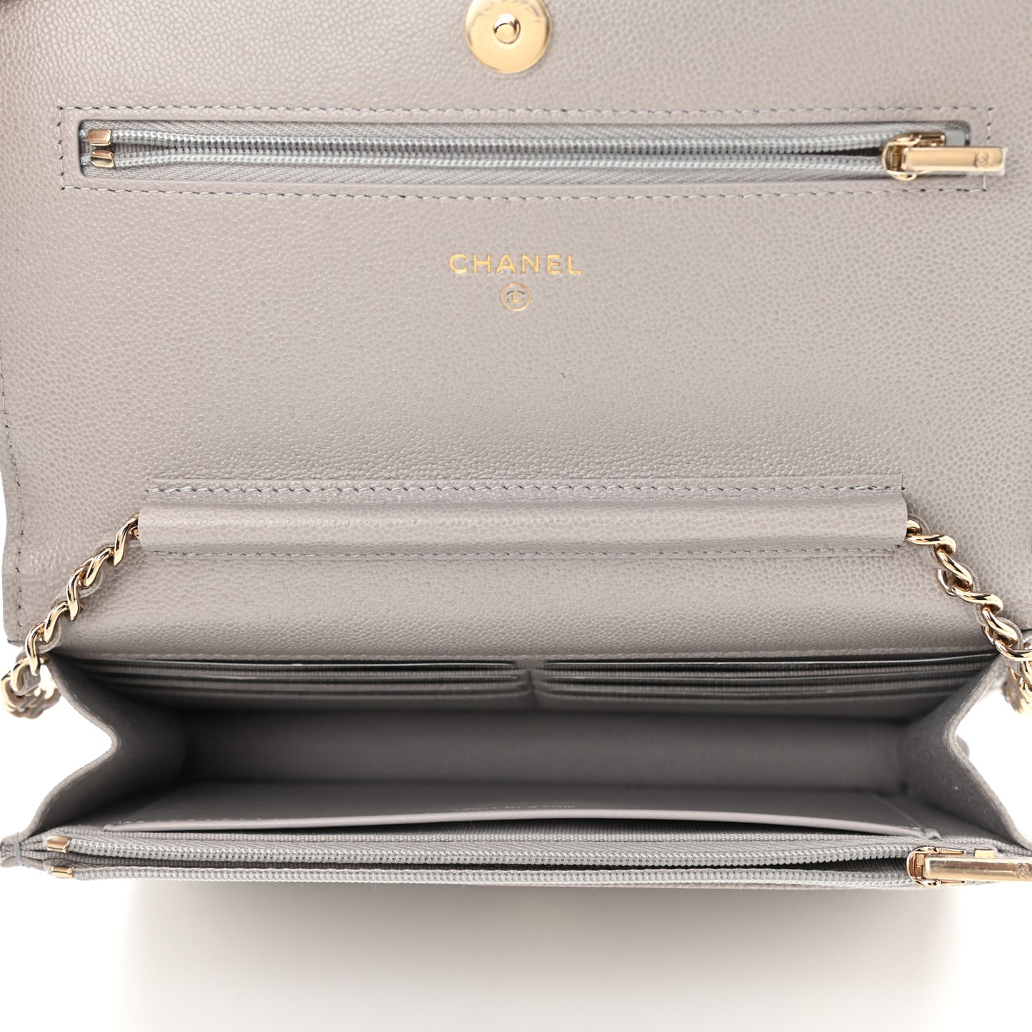 Caviar Quilted Studded CC Wallet On Chain WOC Grey