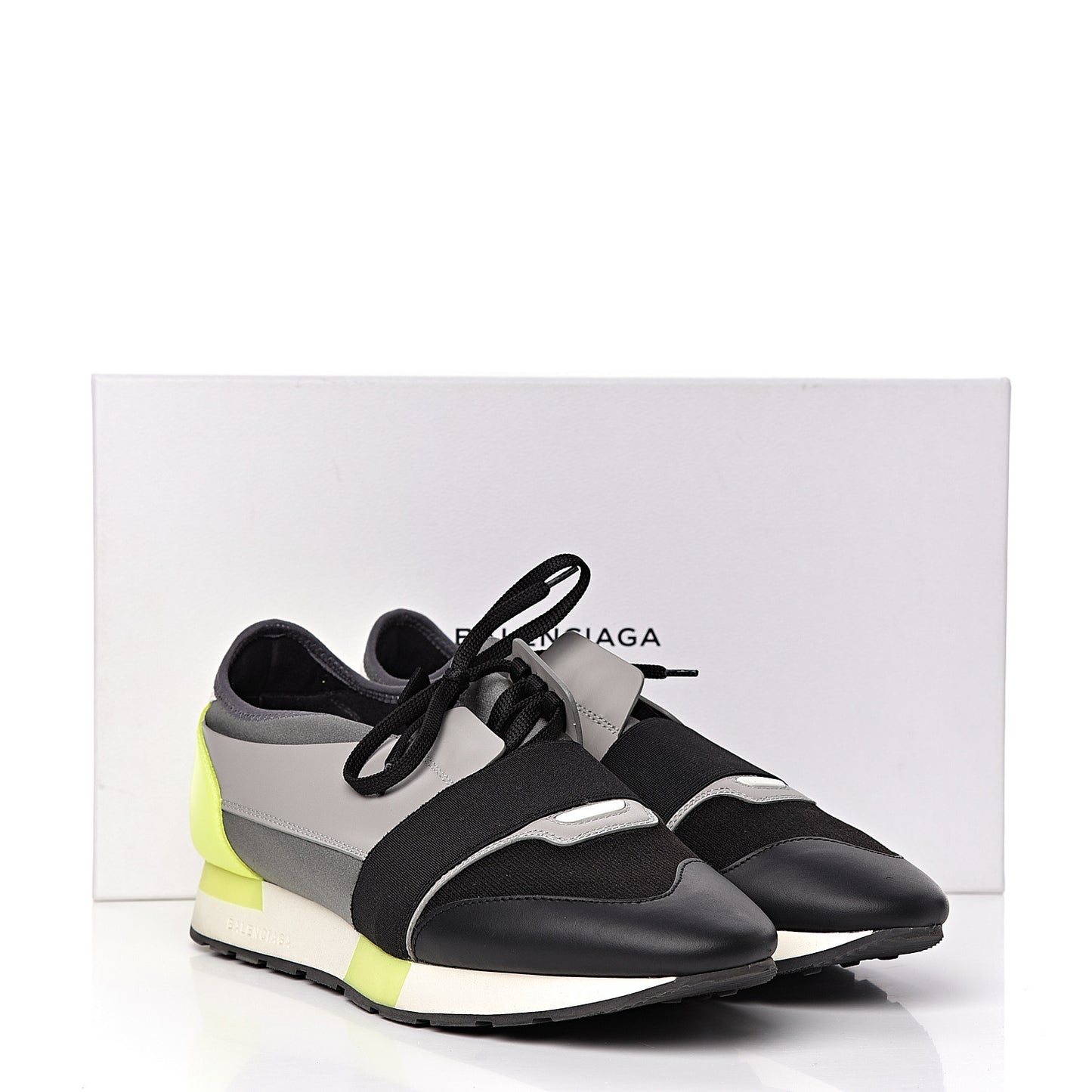 Mesh Calfskin Womens Race Runner Sneakers 42 Black Gris Jaune Fluo