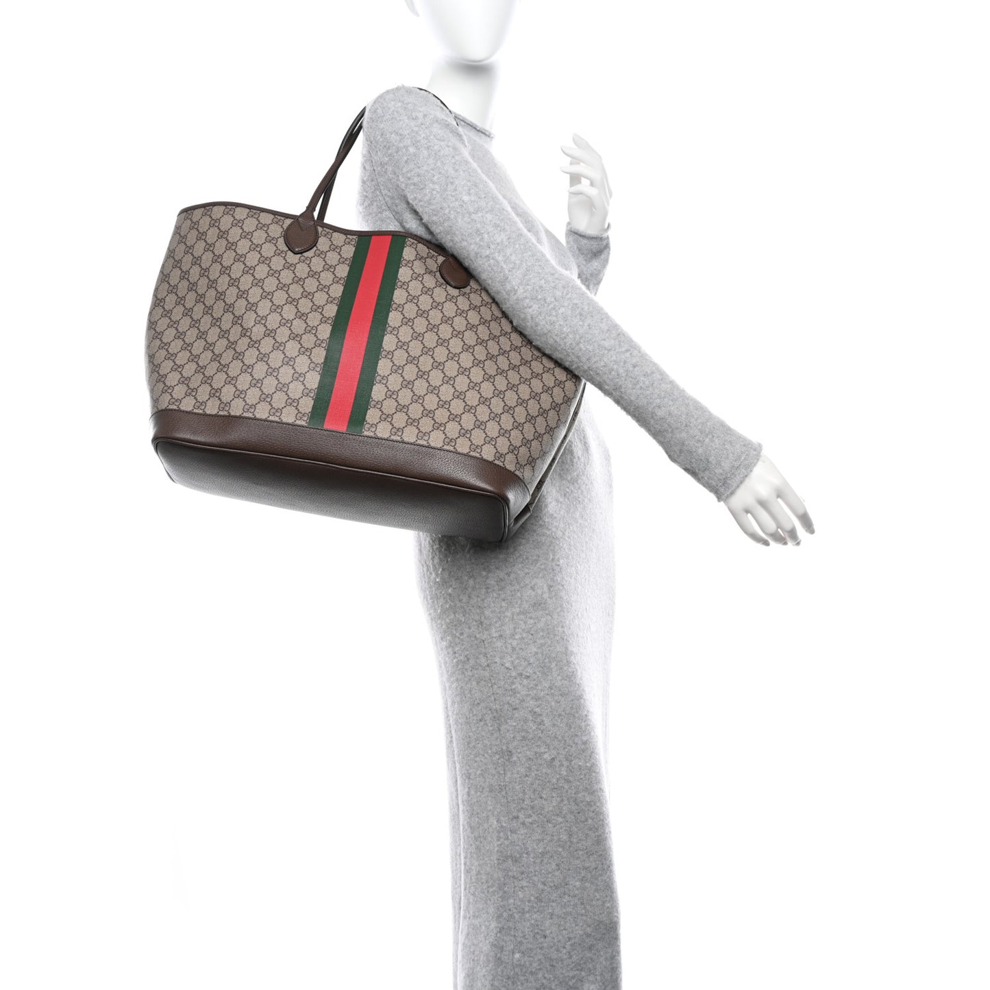 GG Supreme Monogram Textured Dollar Calfskin Web Large Ophidia Tote Beige Ebony New Acero