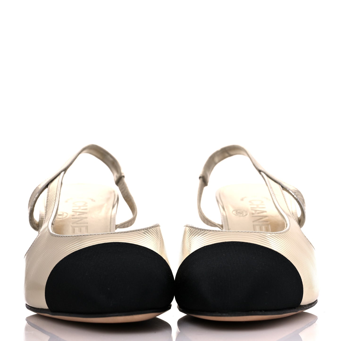 Metallic Calfskin Grosgrain Cap Toe CC Slingback Sandals 35.5 Gold Black