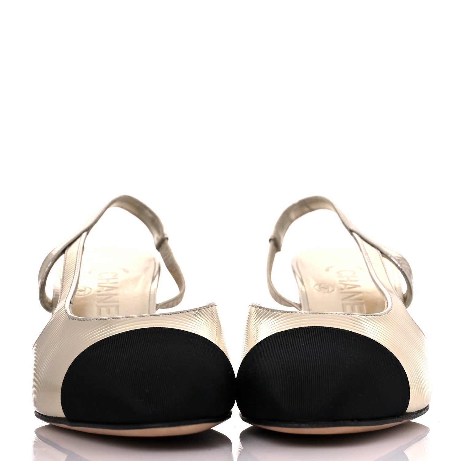 Chanel Metallic Calfskin Grosgrain Cap Toe CC Slingback Sandals 35.5 Gold Black 2 of 9