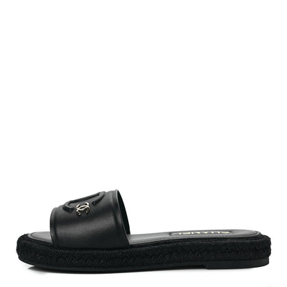 Chanel Lambskin Espadrille Mule Sandals 38 Black 1 of 10