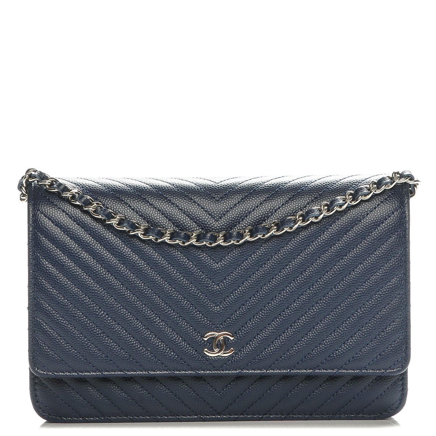 Chanel Caviar Chevron Wallet On Chain WOC Navy 1 of 8