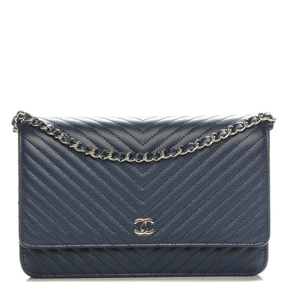 Chanel Caviar Chevron Wallet On Chain WOC Navy 1 of 8