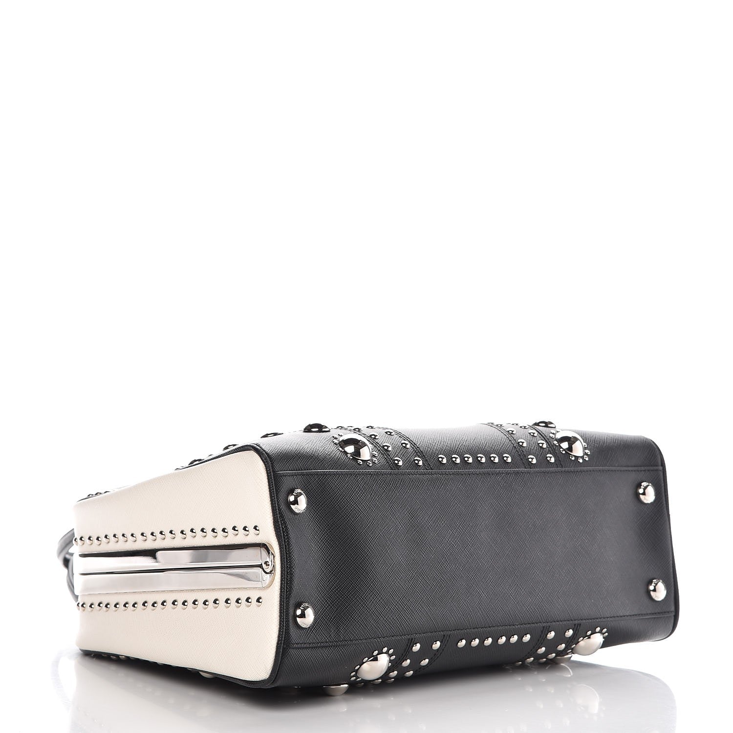 Prada Saffiano Studded Pyramid Bag Black White 4 of 9