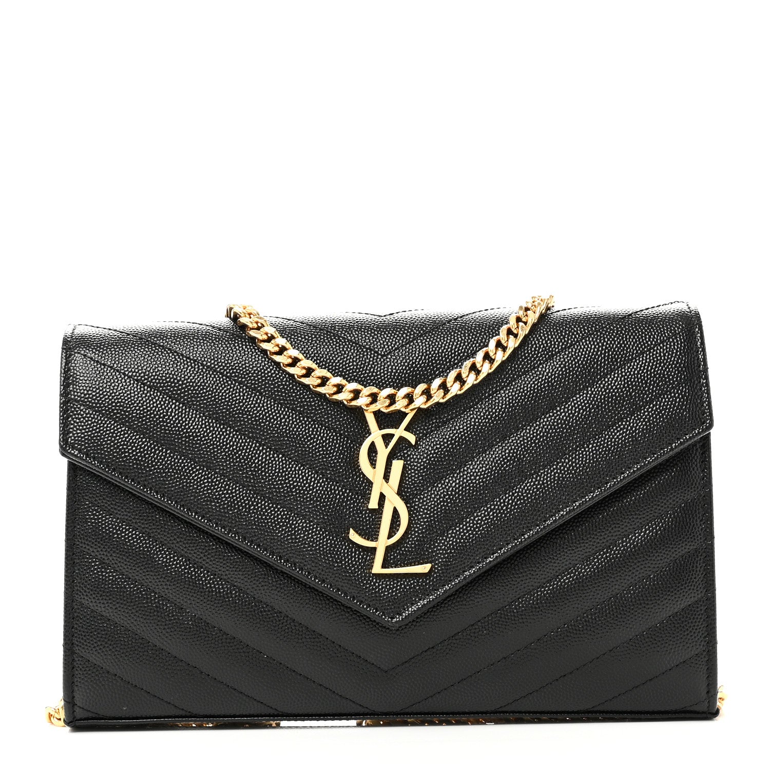 Saint Laurent Grain De Poudre Matelasse Chevron Monogram Chain Wallet Black 1 of 10