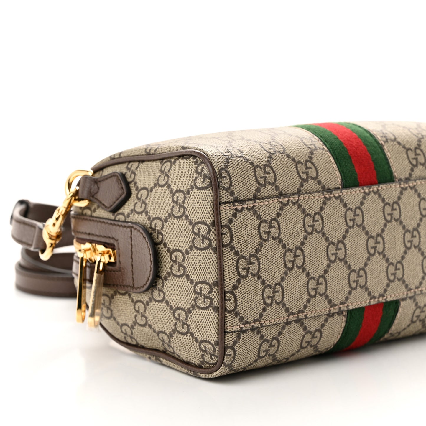 GG Supreme Monogram Textured Dollar Calfskin Web Mini Ophidia Top Handle Bag Beige Ebony New Acero