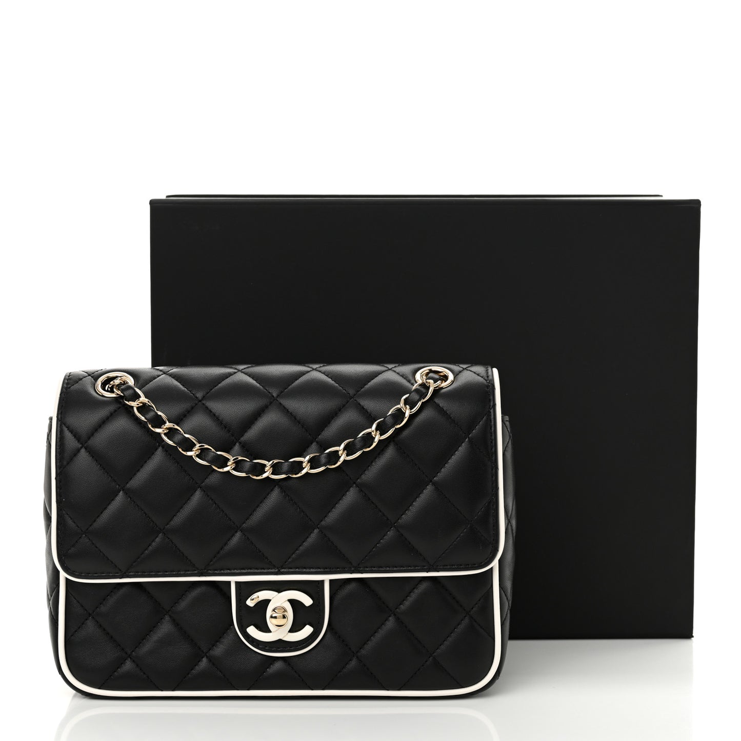 Lambskin Quilted Resin Graphic Frame Flap Bag Black White