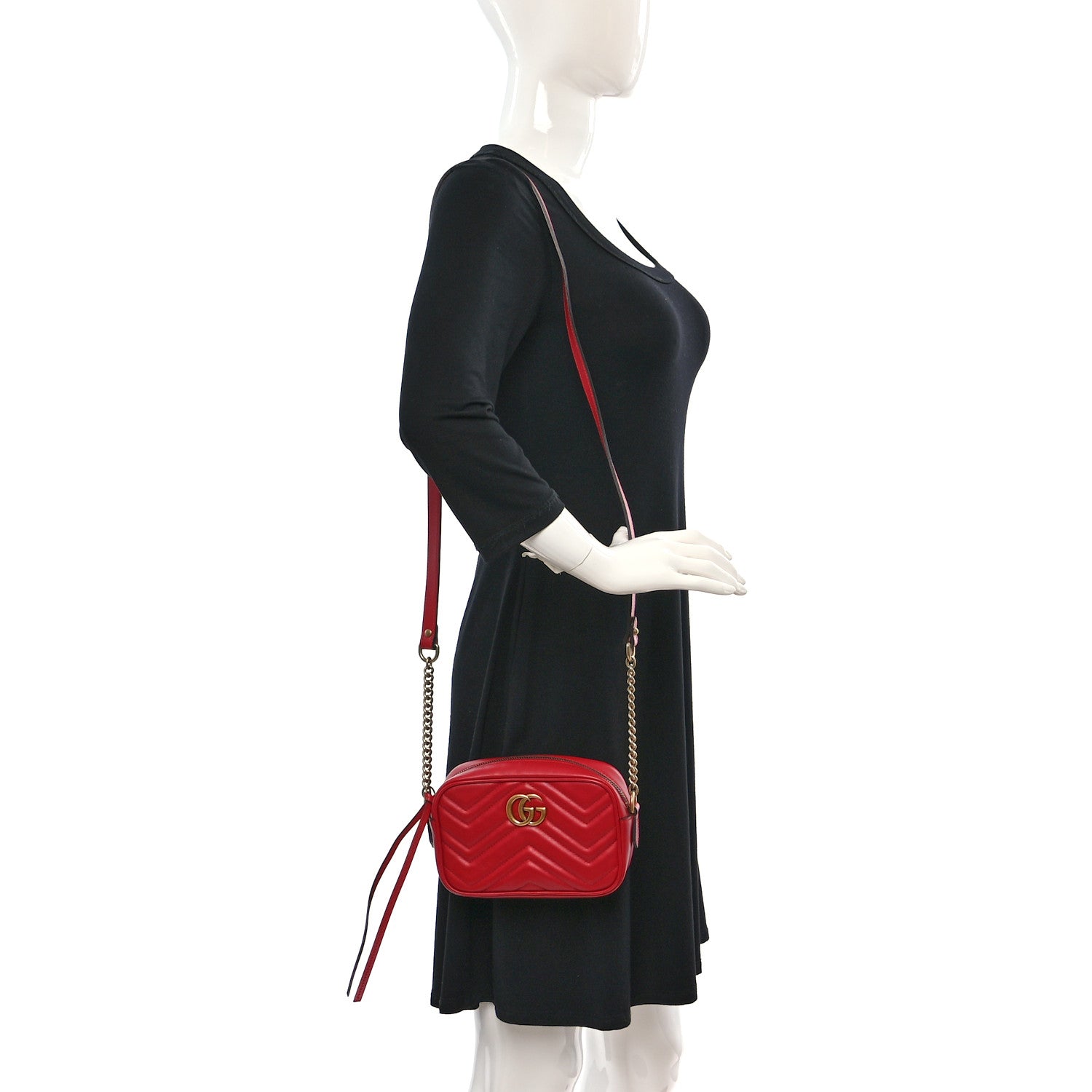 Gucci Calfskin Matelasse Mini GG Marmont Chain Shoulder Bag Hibiscus Red 2 of 9