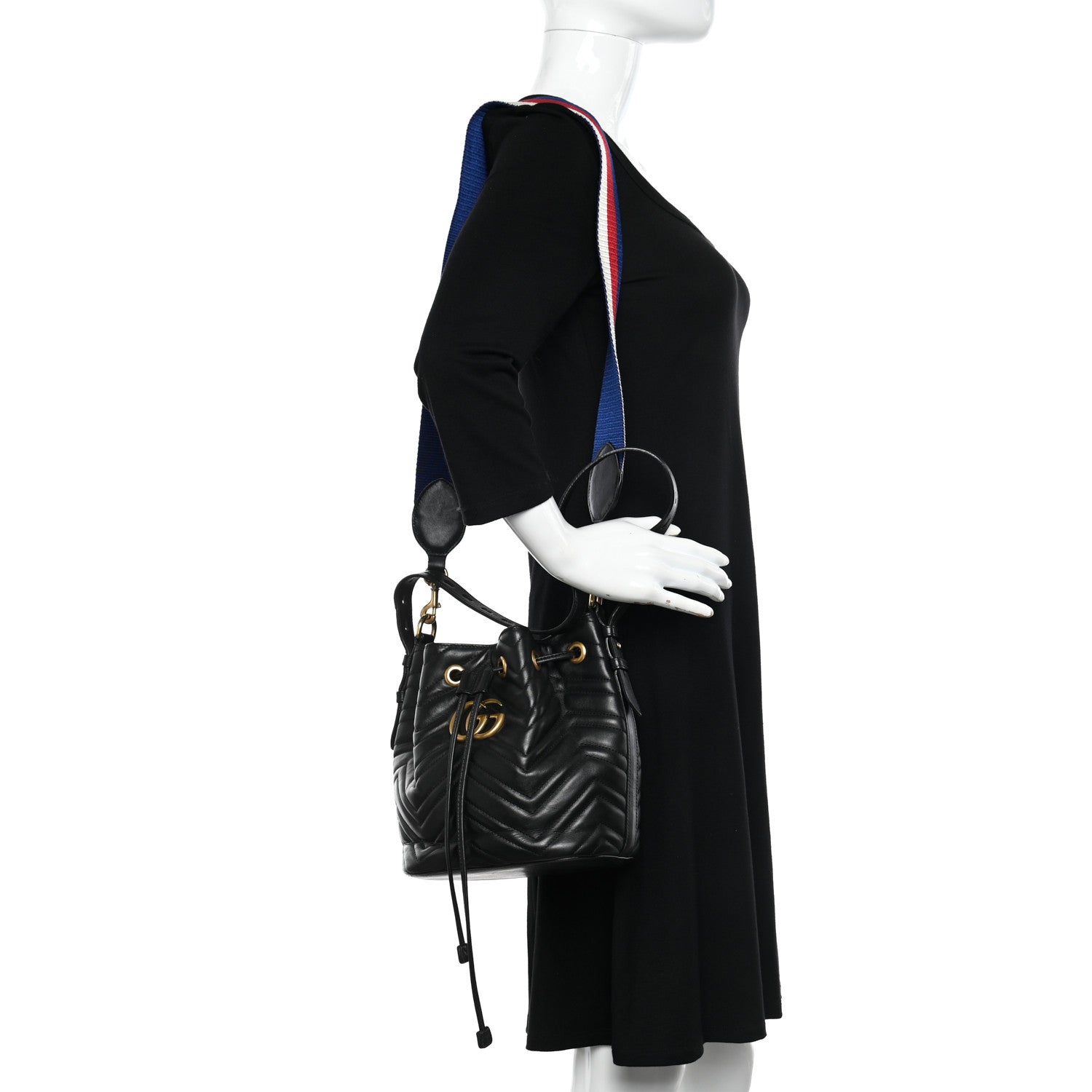 Gucci Calfskin Matelasse Sylvie Web GG Marmont Bucket Bag Black 2 of 13