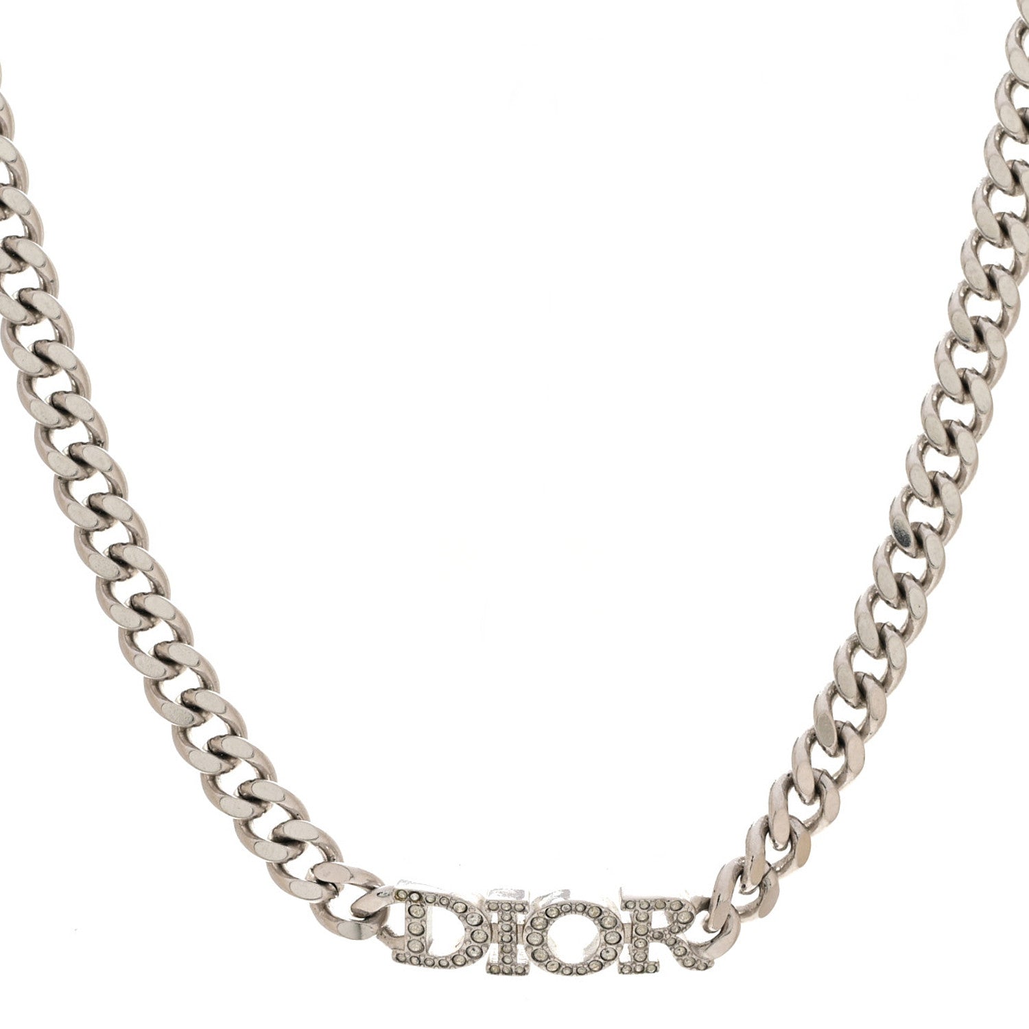 Christian Dior Metal Crystal Chain Choker Necklace Silver 1 of 5