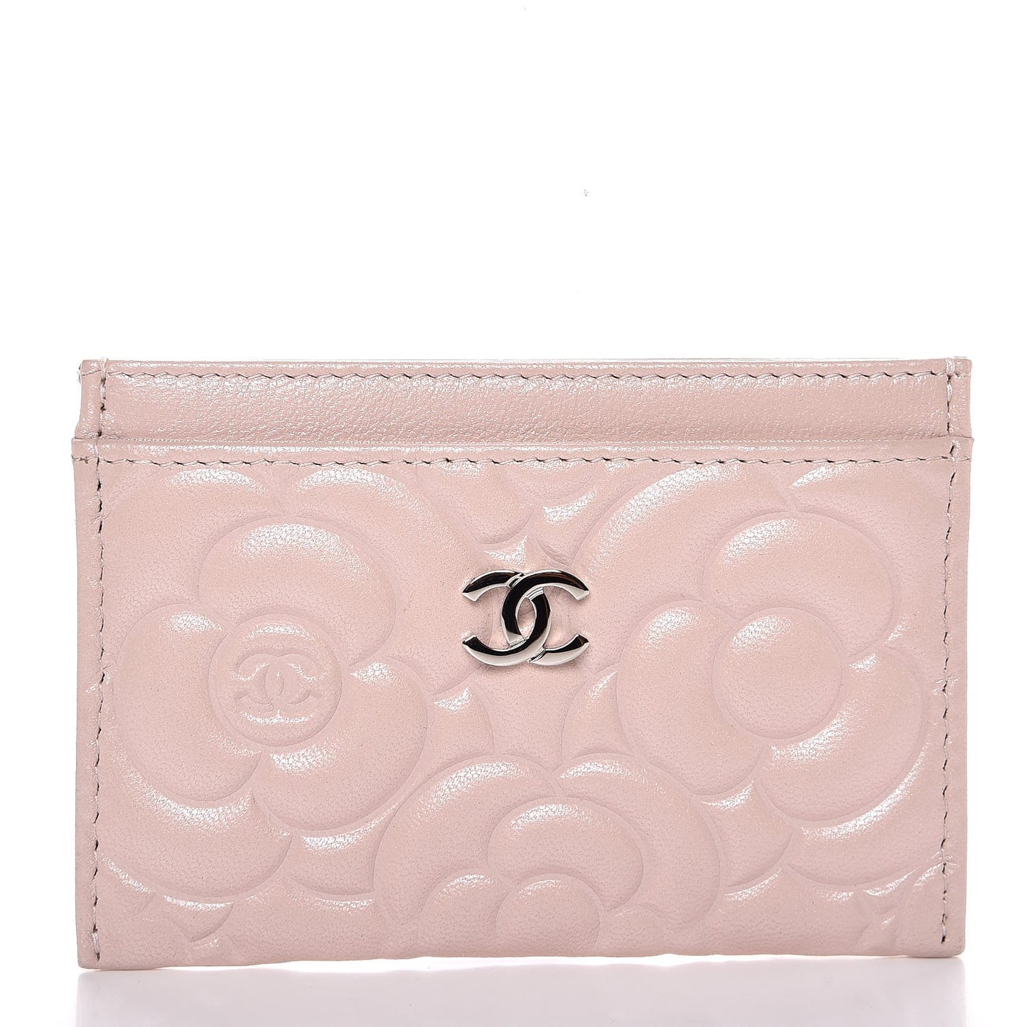 Lambskin Camellia Embossed Card Holder Nude