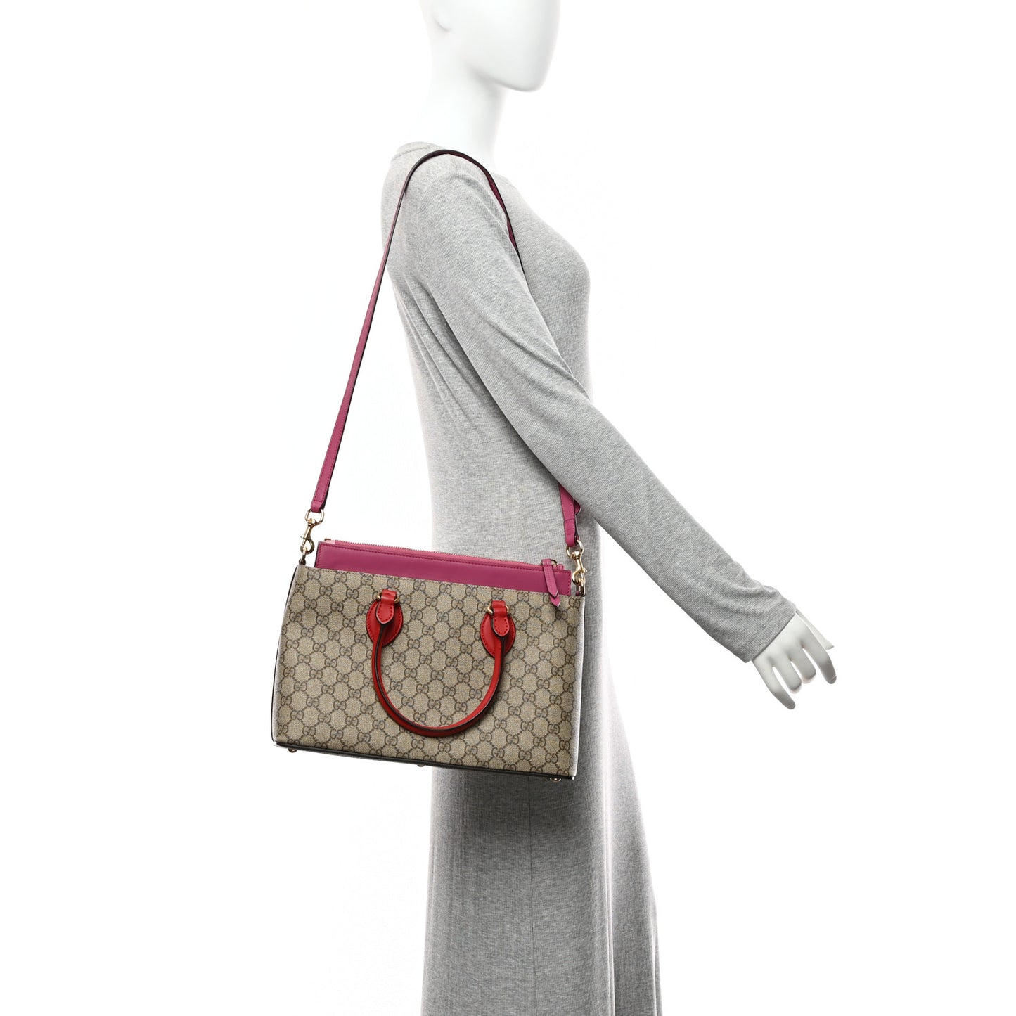 GG Supreme Monogram Moon Calfskin Small Zip Top Tote Beige Ebony Hibiscus Red New Rosette
