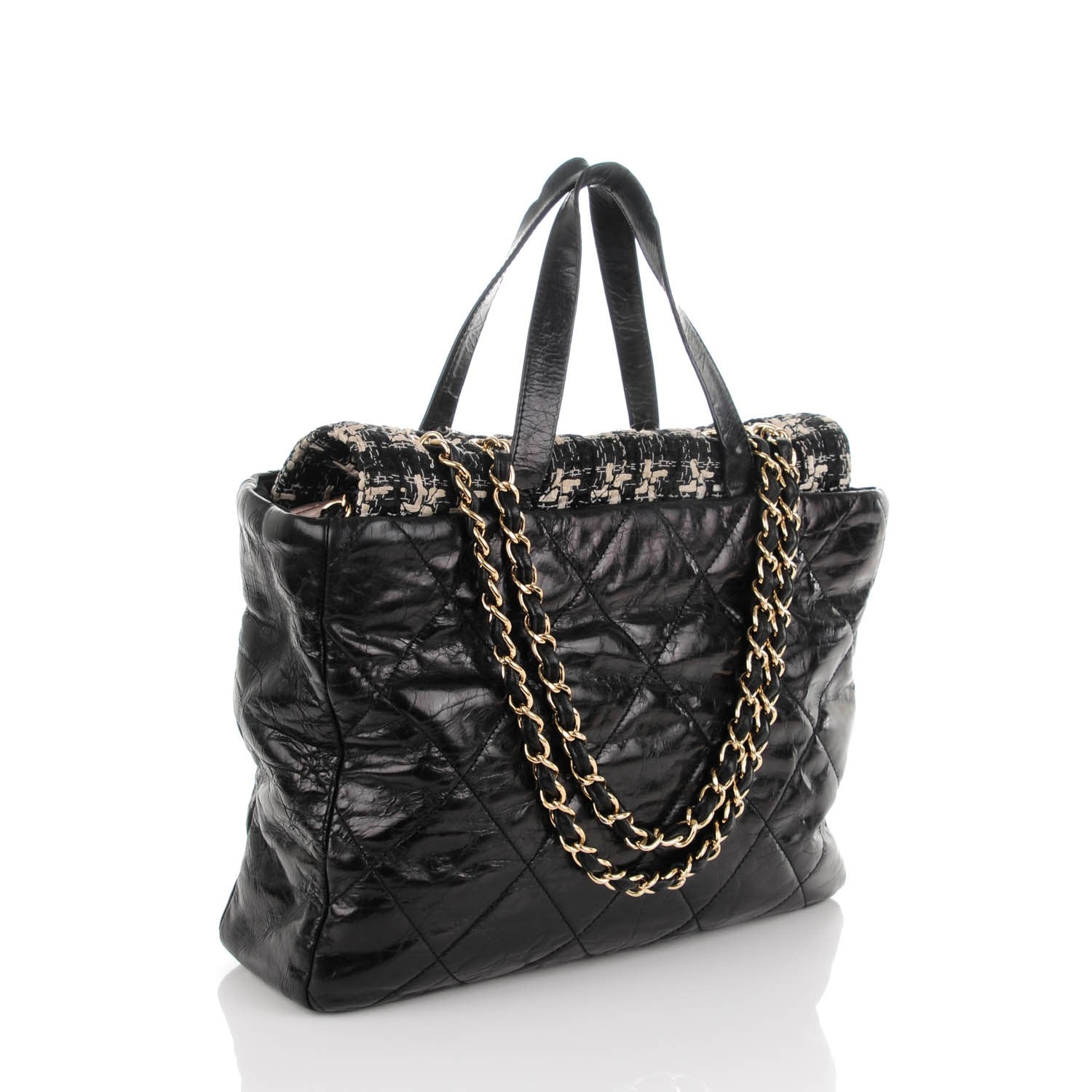 Chanel Glazed Calfskin Quilted Tweed Portobello Tote Black White 3 of 7
