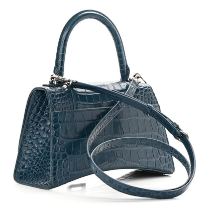 Balenciaga Shiny Calfskin Crocodile Embossed Small Hourglass Top Handle Bag Dark Petrol Blue 3 of 10