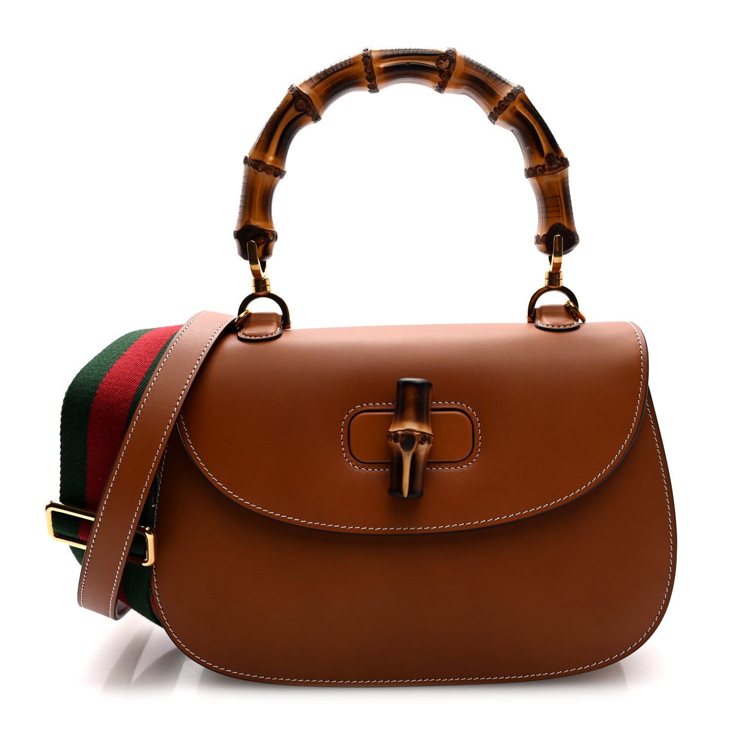 Gucci Tritone Calfskin Web Medium Bamboo 1947 Top Handle Bag Harness Brown 1 of 9