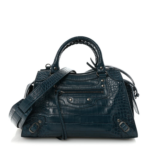 Extra Supple Calfskin Crocodile Embossed Neo Classic Silver Hardware S City Dark Petrol Blue