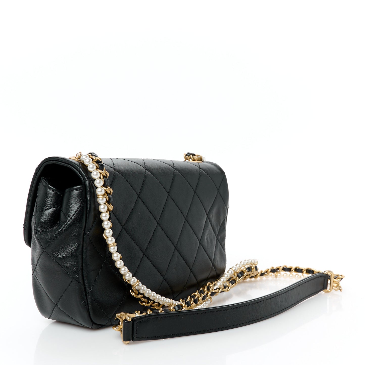 Calfskin Quilted Mini Rectangular Crystal Pearls Chain Flap Black