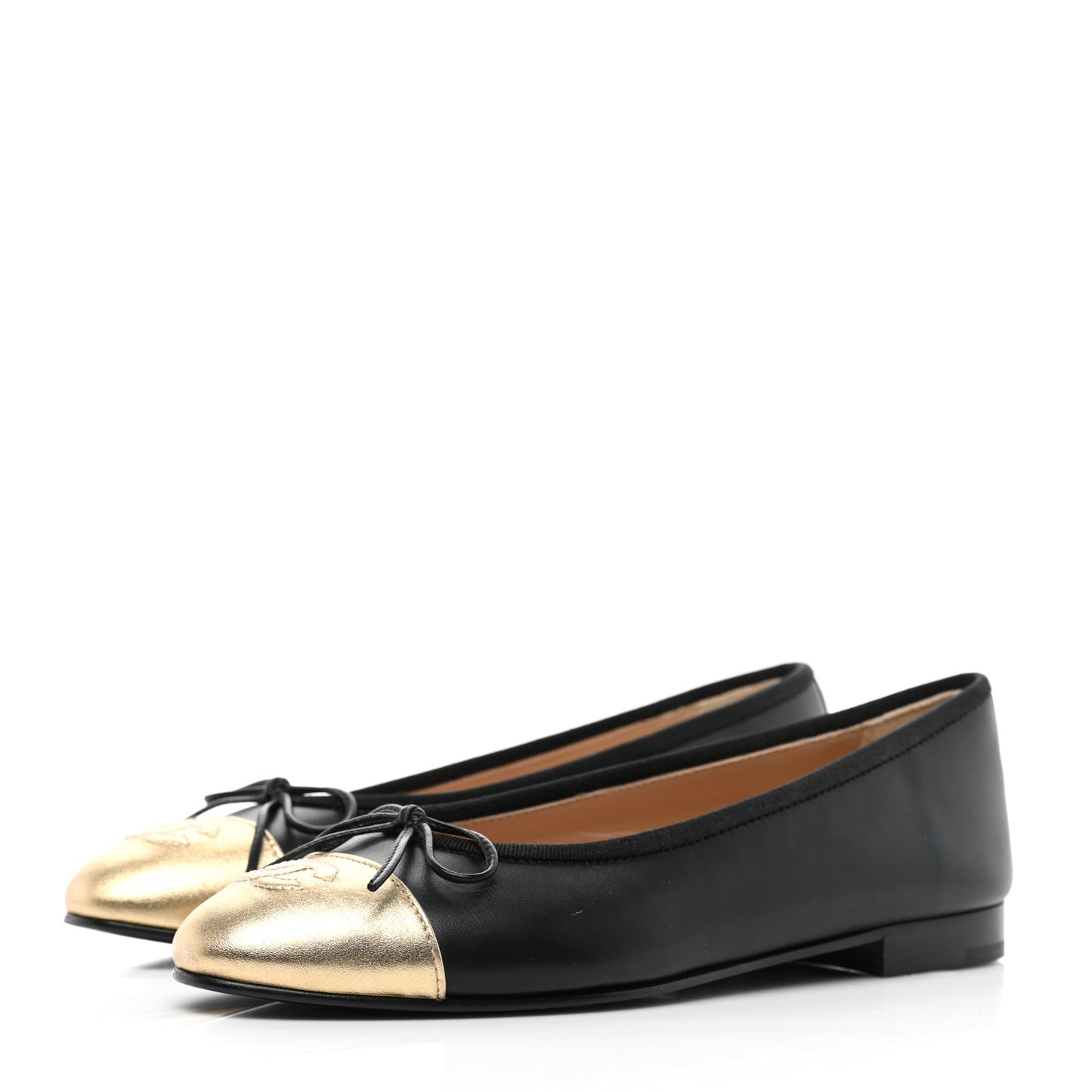 Lambskin Cap Toe Ballerina Flats 37.5 Black Gold