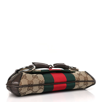 Gucci Monogram Textured Dollar Calfskin Heavy Grosgrain Web Small Maxi Horsebit Chain Shoulder Bag Beige Ebony New Acero 4 of 10