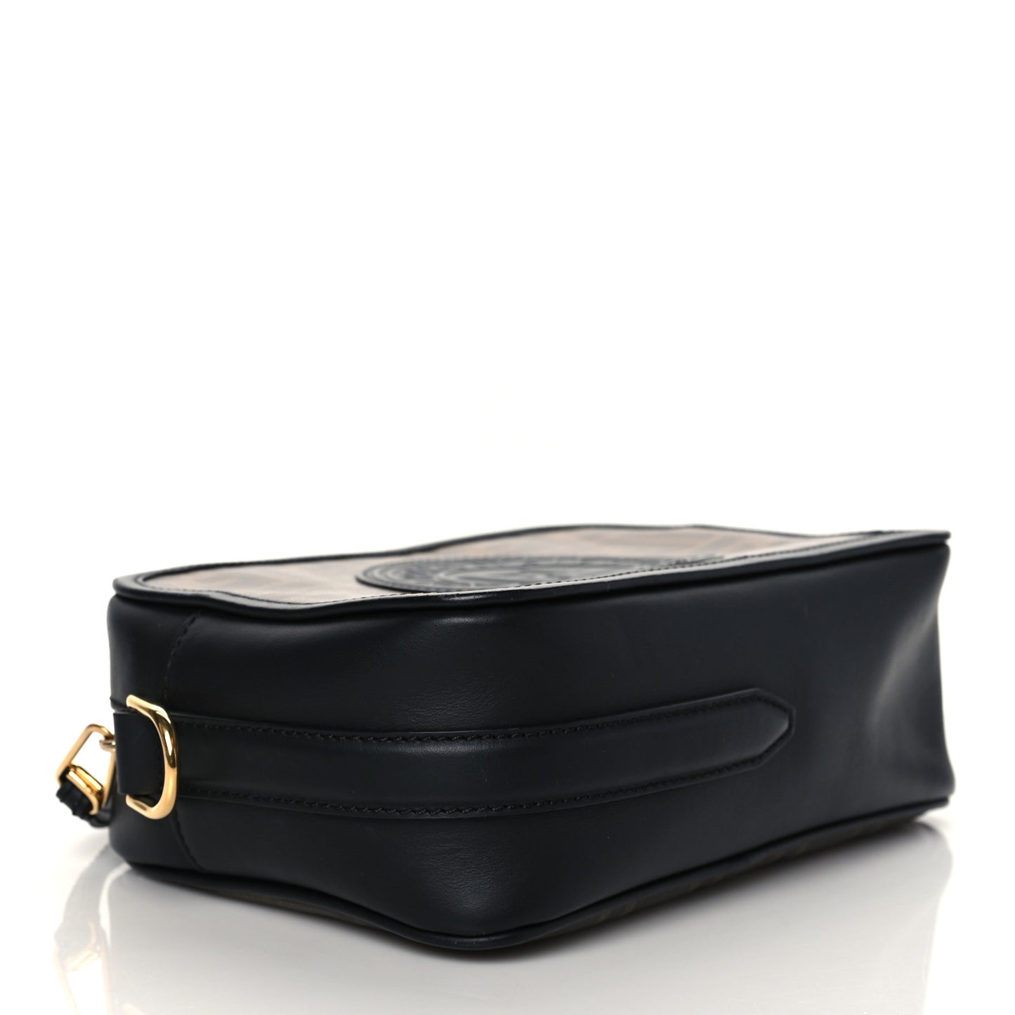 Glazed Fabric Vitello Century F is Fendi FF 1974 Stamp Patch Camera Case Mogano Panna Black
