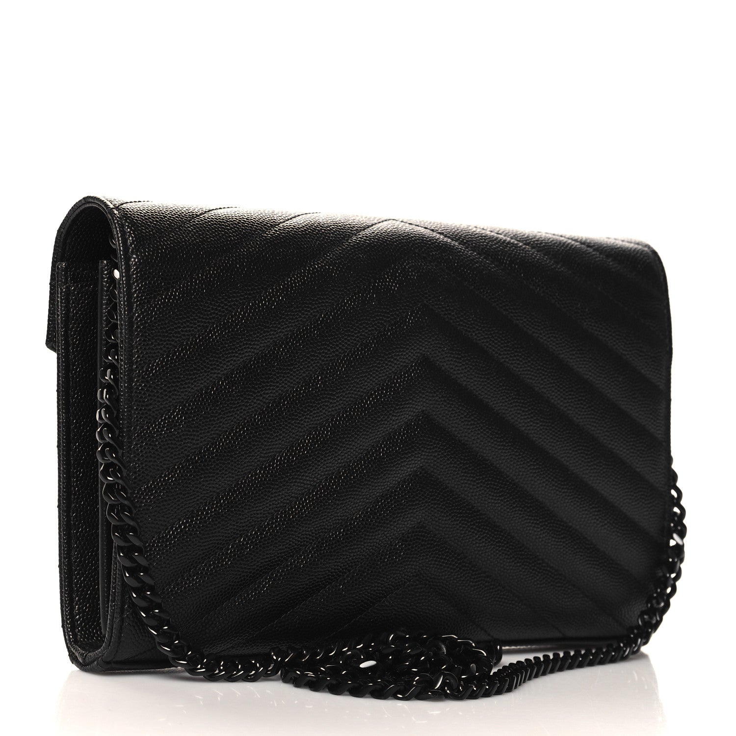 Saint Laurent Grain De Poudre Matelasse Chevron Monogram Monochrome Chain Wallet Black 3 of 13