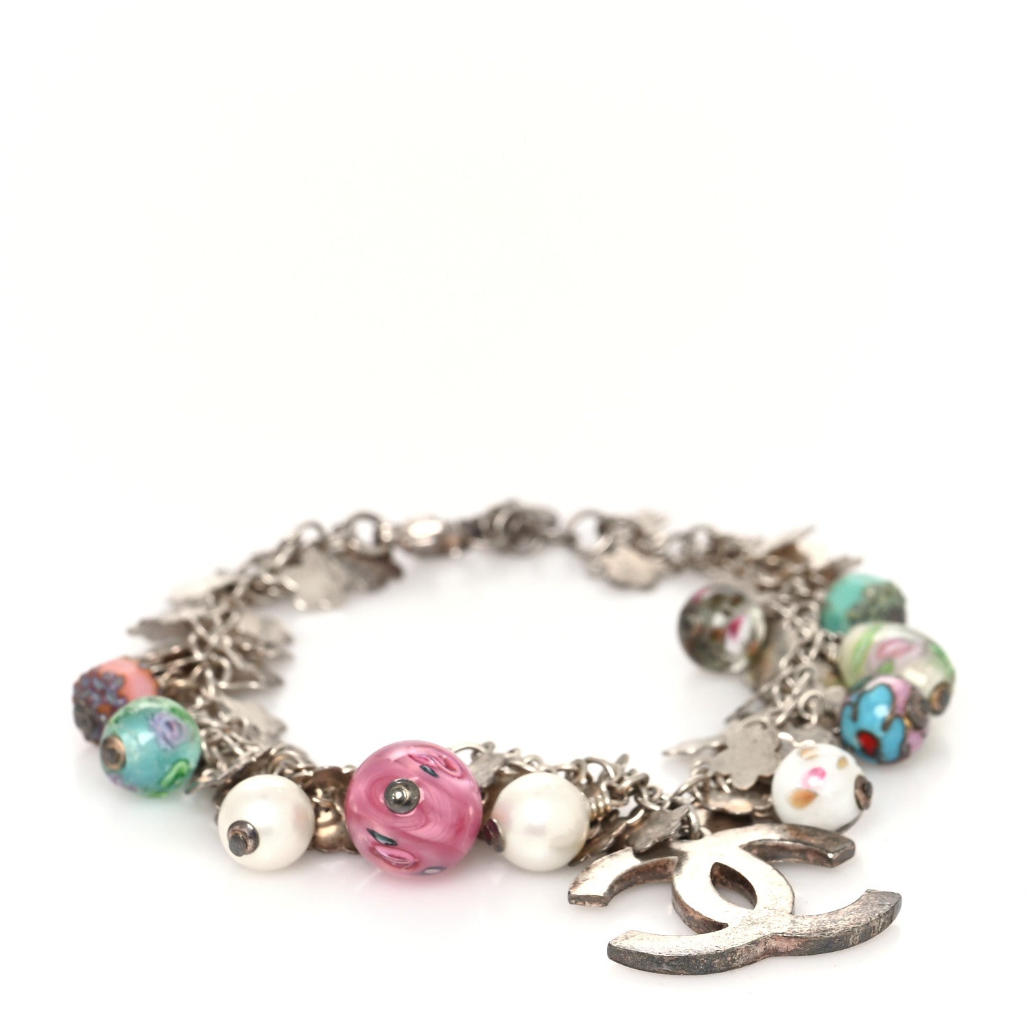Chanel Pearl Glass Beaded CC Charm Bracelet Silver Multicolor 1 of 5