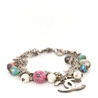 Chanel Pearl Glass Beaded CC Charm Bracelet Silver Multicolor 1 of 5