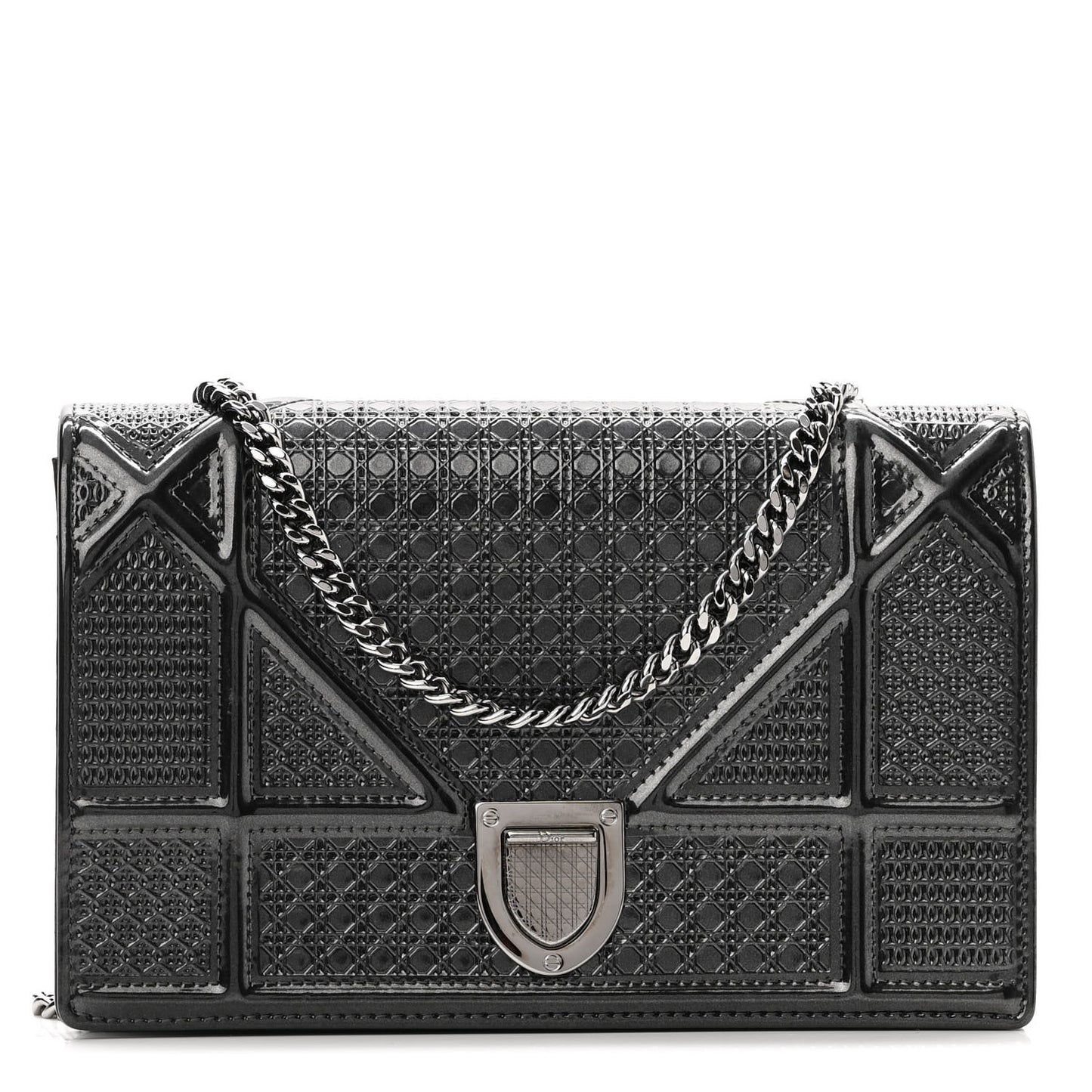 Metallic Patent Micro-Cannage Diorama Wallet on Chain Pouch Black