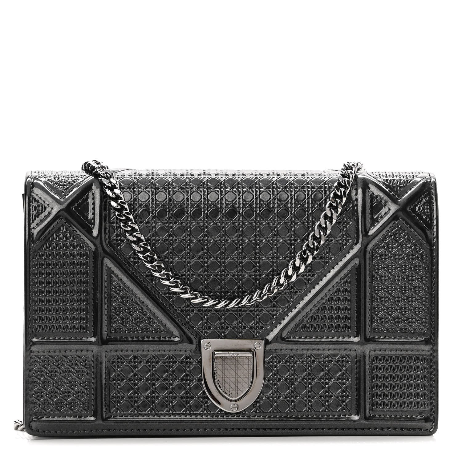 Christian Dior Metallic Patent Micro-Cannage Diorama Wallet on Chain Pouch Black 1 of 9