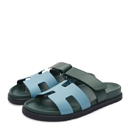 Hermes Calfskin Womens Chypre Sandals 38 Bleu Citadin Vert Bouteille 3 of 9
