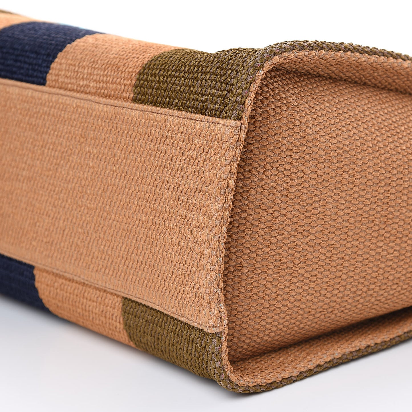 Straw Raffia Calfskin Striped Large Deauville Tote Khaki Beige Navy Blue