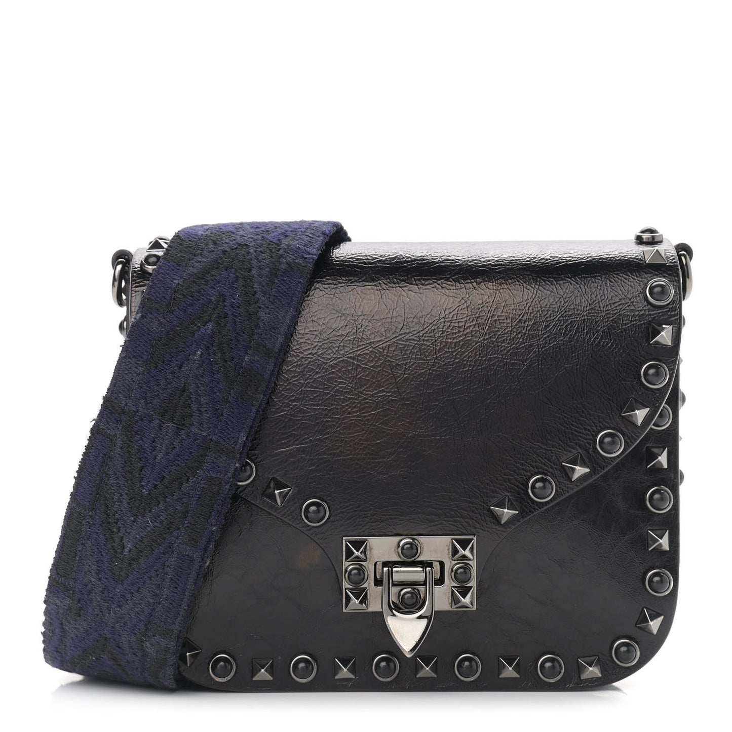 Craquele Calfskin Guitar Strap Rockstud Rolling Shoulder Flap Messenger Bag Black