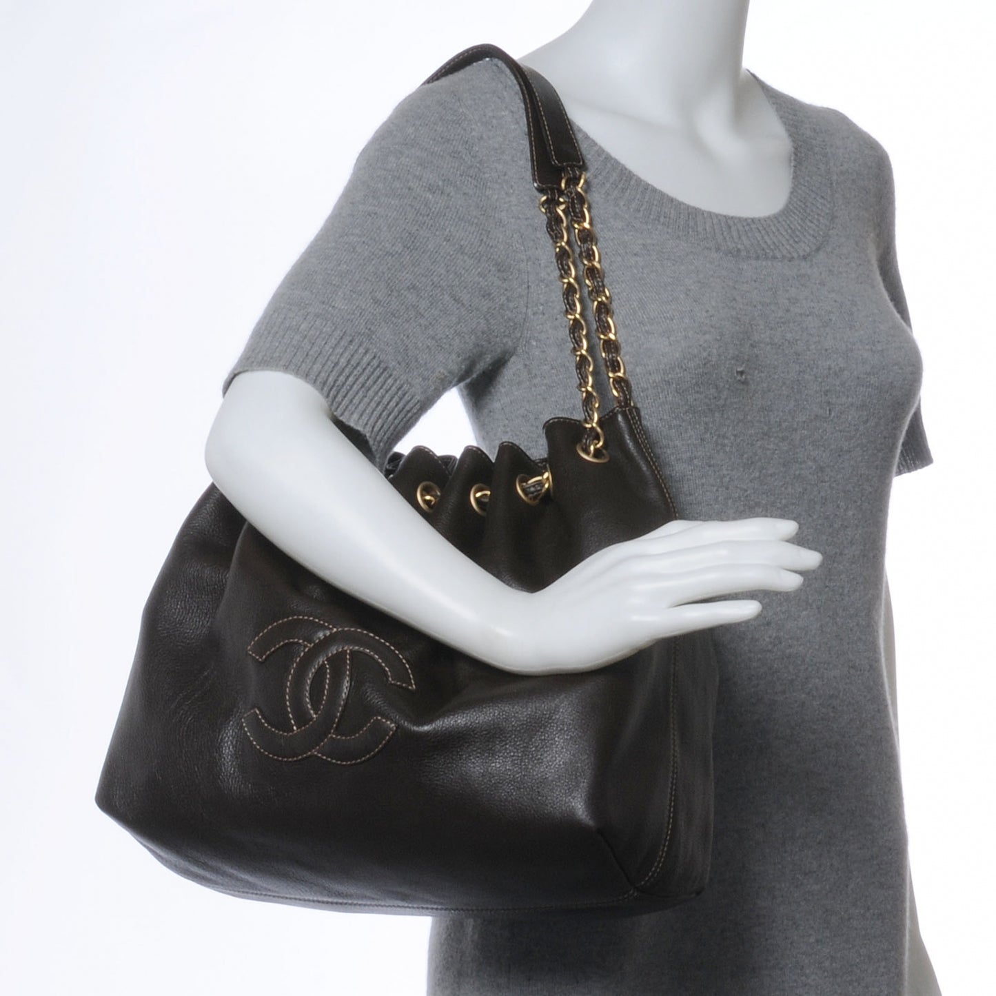 Calfskin CC Drawstring Bucket Bag Brown
