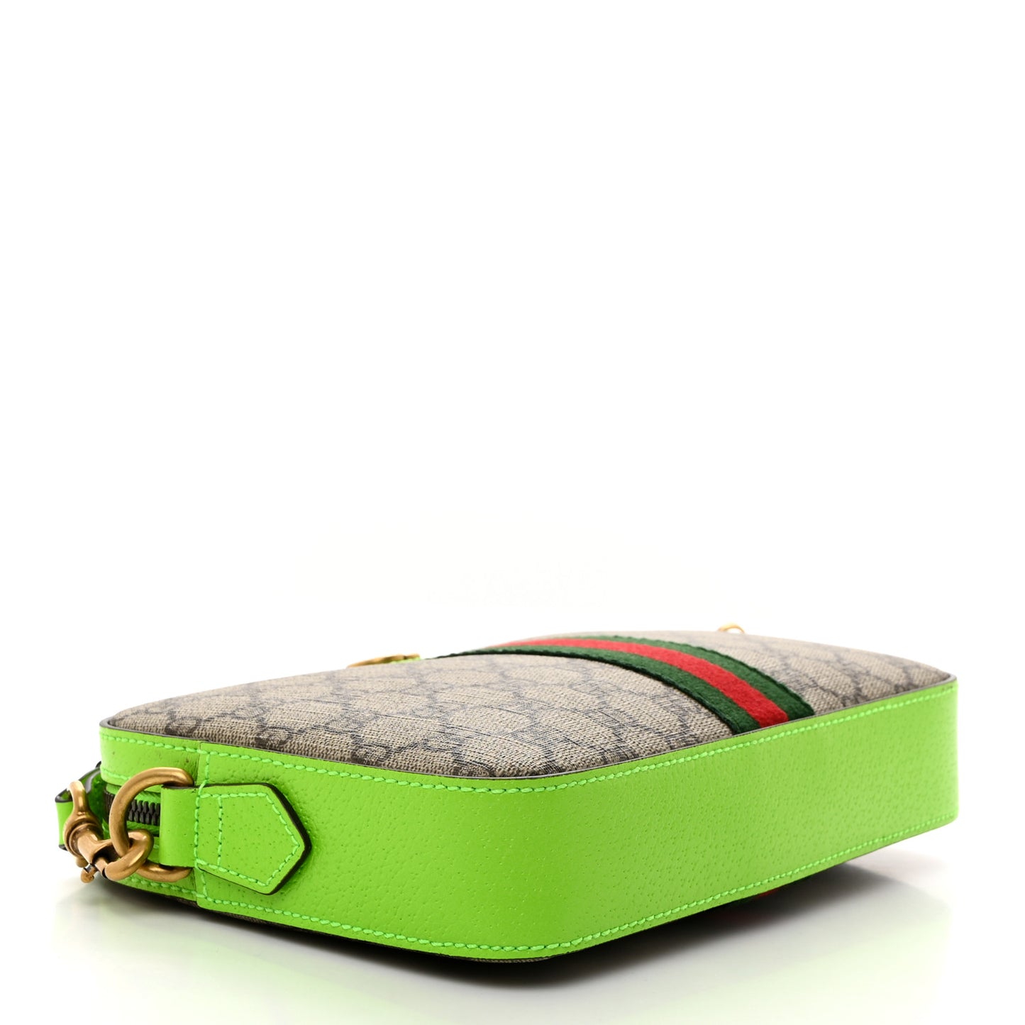 GG Supreme Monogram Textured Dollar Calfskin Web Ophidia Wristlet Shoulder Bag Beige Ebony Green