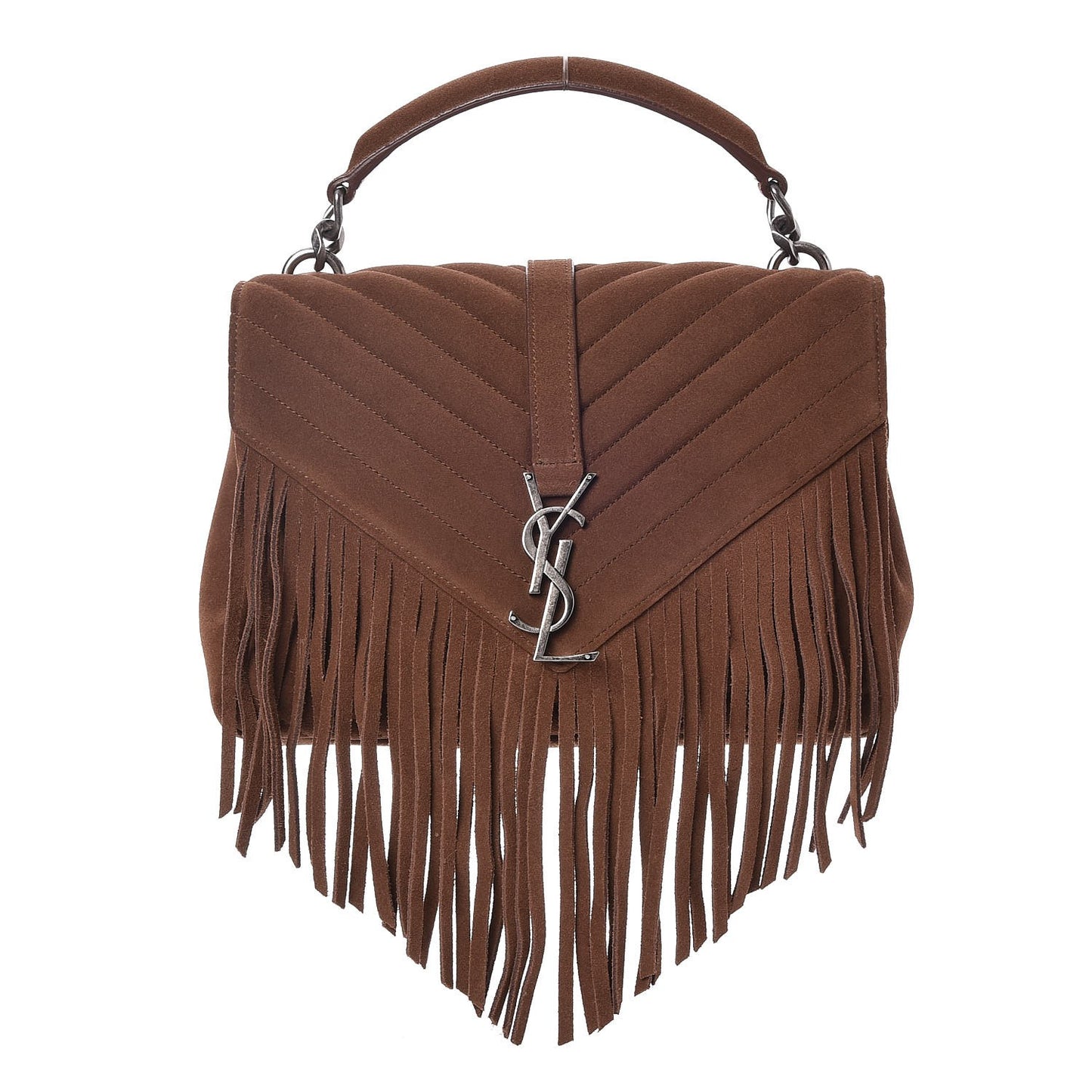 Suede Matelasse Chevron Fringe Monogram Medium College Bag Marron Clair