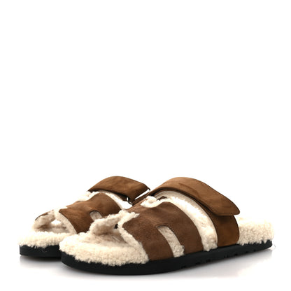 Hermes Suede Goatskin Woolskin Mens Chypre Sandals 42 Brun Fume Ecru 4 of 10