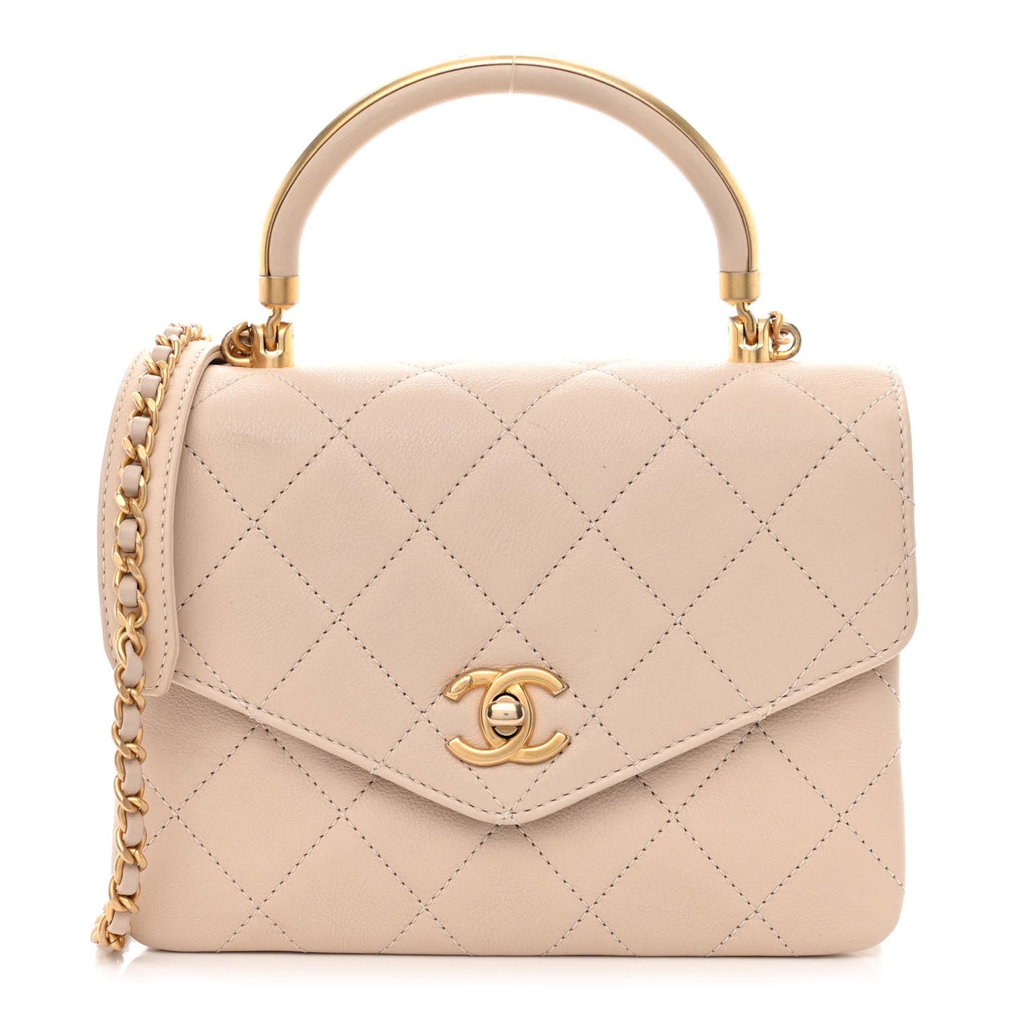 Calfskin Quilted Metal Small Top Handle Envelope Flap Beige