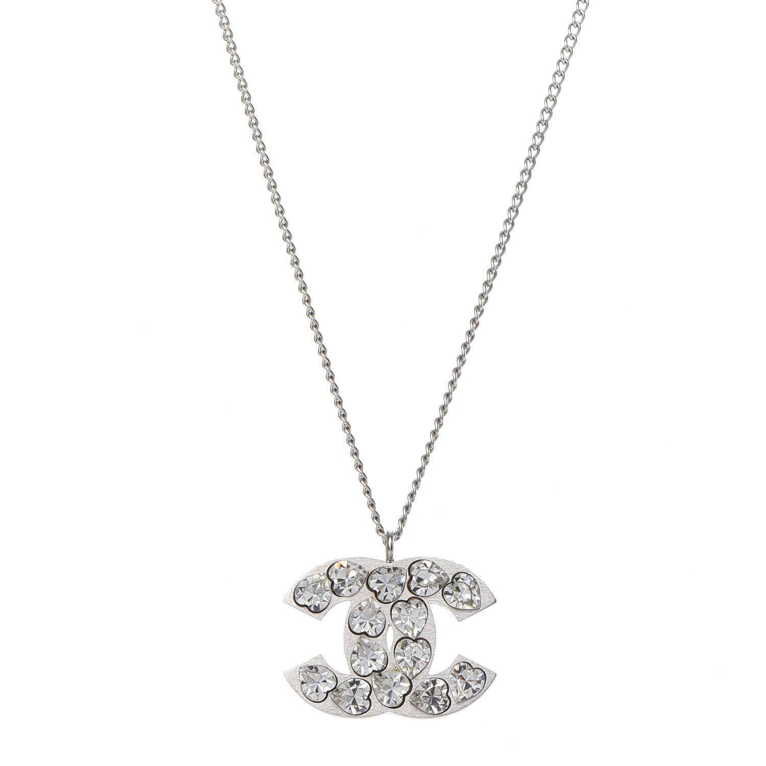 Chanel Crystal Heart CC Necklace Silver 1 of 5