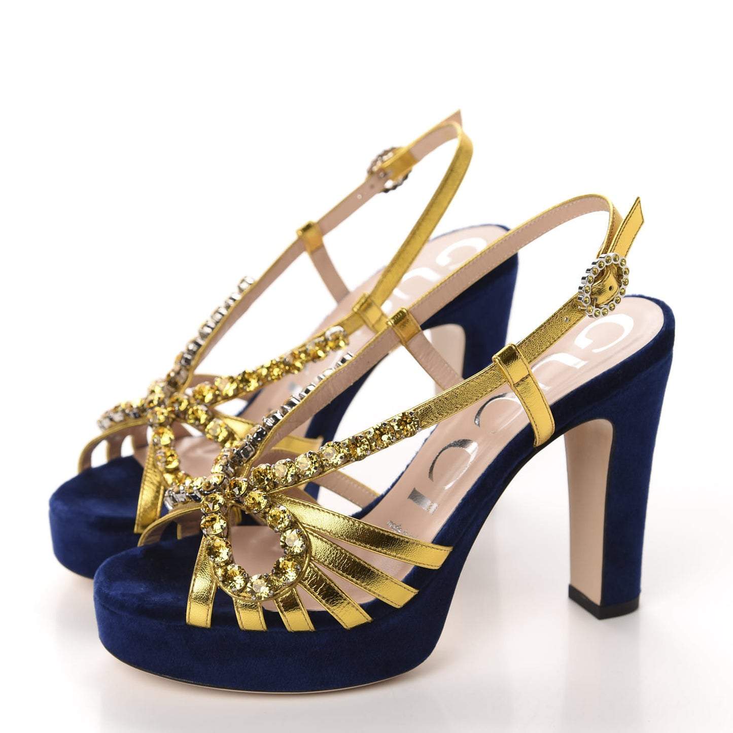 Velvet Nappa Crystal Zephyra Slingback Platform High Heel Sandals 35.5 Blue Gold