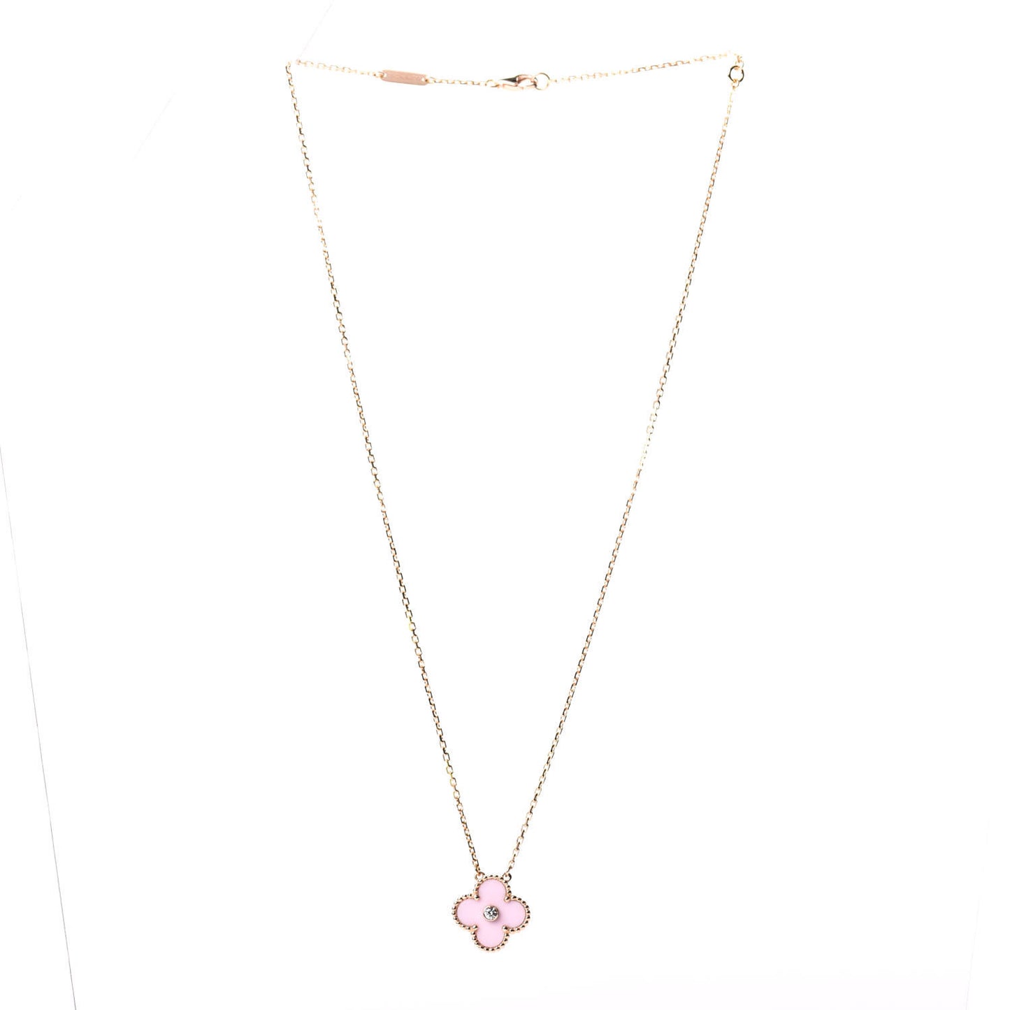 18K Rose Gold Diamond Pink Porcelain Vintage Alhambra Pendant Necklace