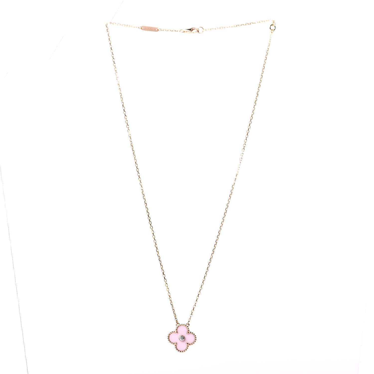 Van Cleef & Arpels 18K Rose Gold Diamond Pink Porcelain Vintage Alhambra Pendant Necklace 2 of 5