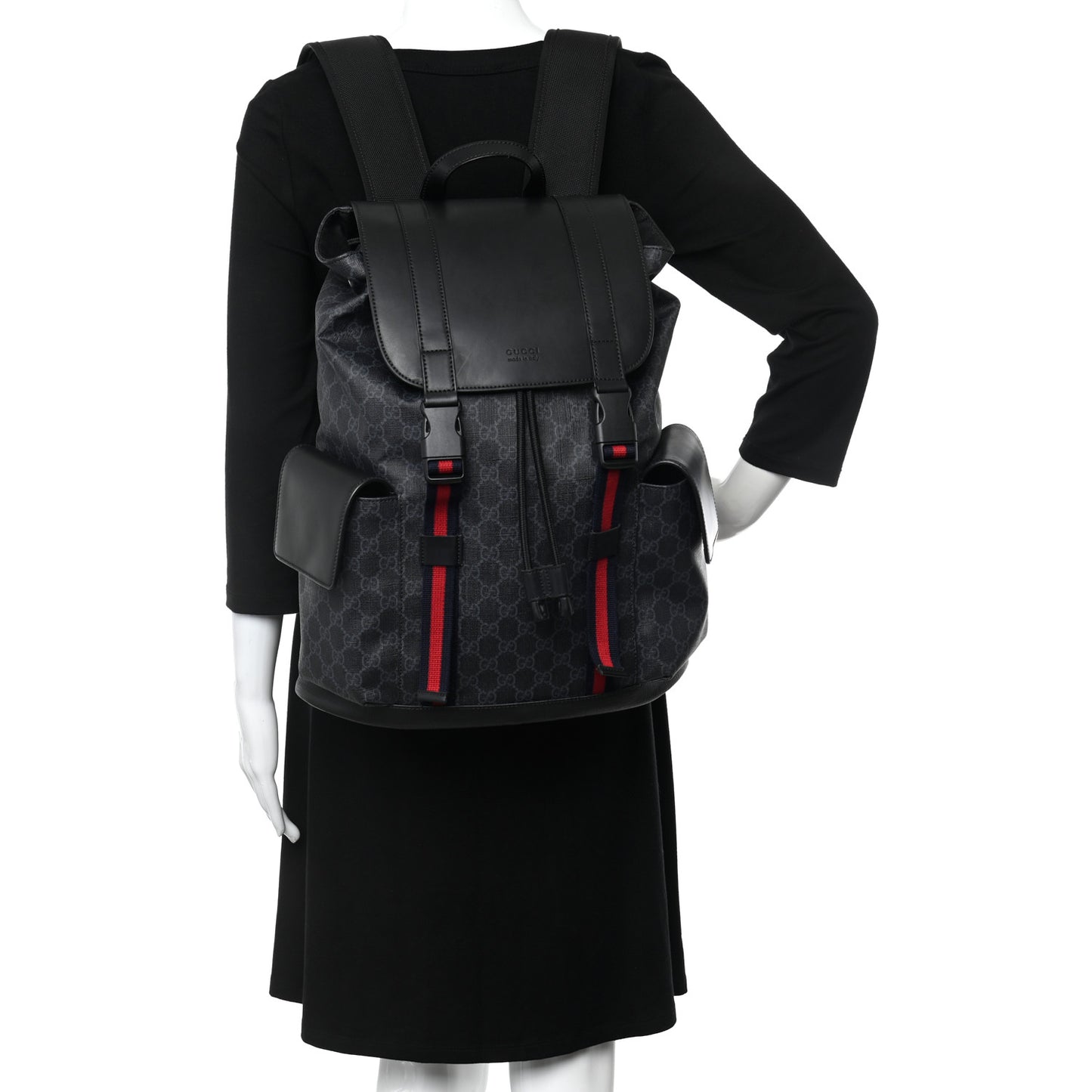Soft GG Supreme Monogram Appia Calfskin Web Double Buckle Backpack Black
