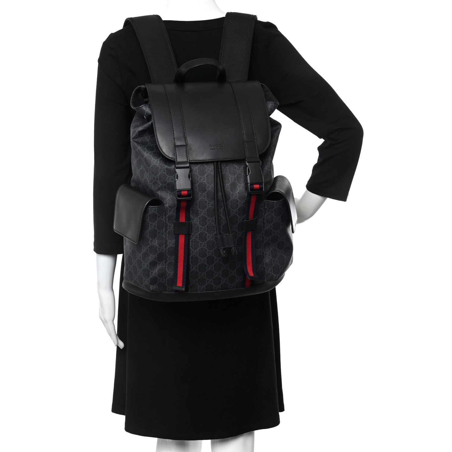 Gucci Soft GG Supreme Monogram Appia Calfskin Web Double Buckle Backpack Black 2 of 12
