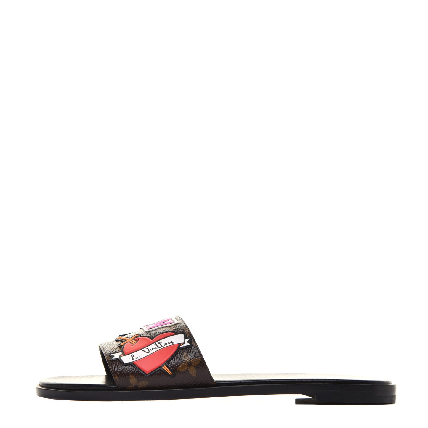 Patent Calfskin Monogram LV Black Heart Flat Mules 39 Cacao