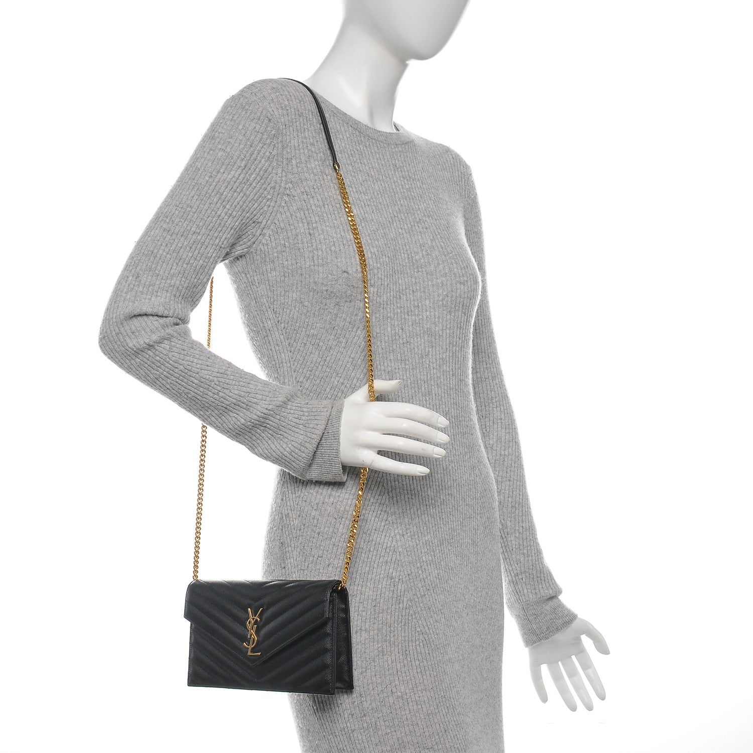 Saint Laurent Grain De Poudre Matelasse Chevron Monogram Envelope Chain Wallet Black 2 of 7