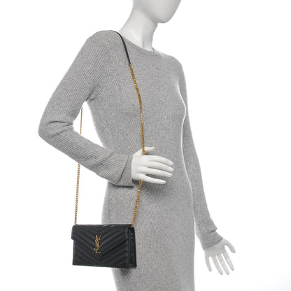 Saint Laurent Grain De Poudre Matelasse Chevron Monogram Envelope Chain Wallet Black 2 of 7