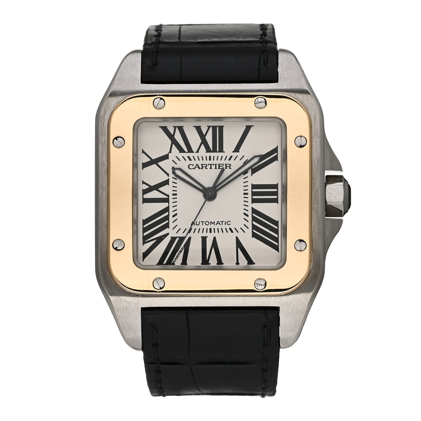 Stainless Steel 18K Yellow Gold Alligator 38mm Santos 100 Automatic Watch