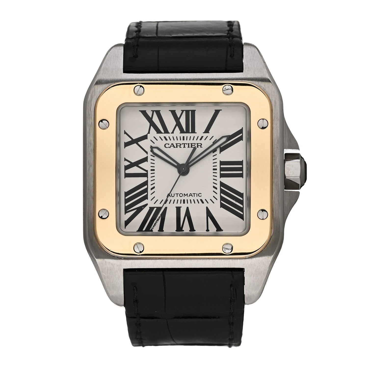 Cartier Stainless Steel 18K Yellow Gold Alligator 38mm Santos 100 Automatic Watch 1 of 4