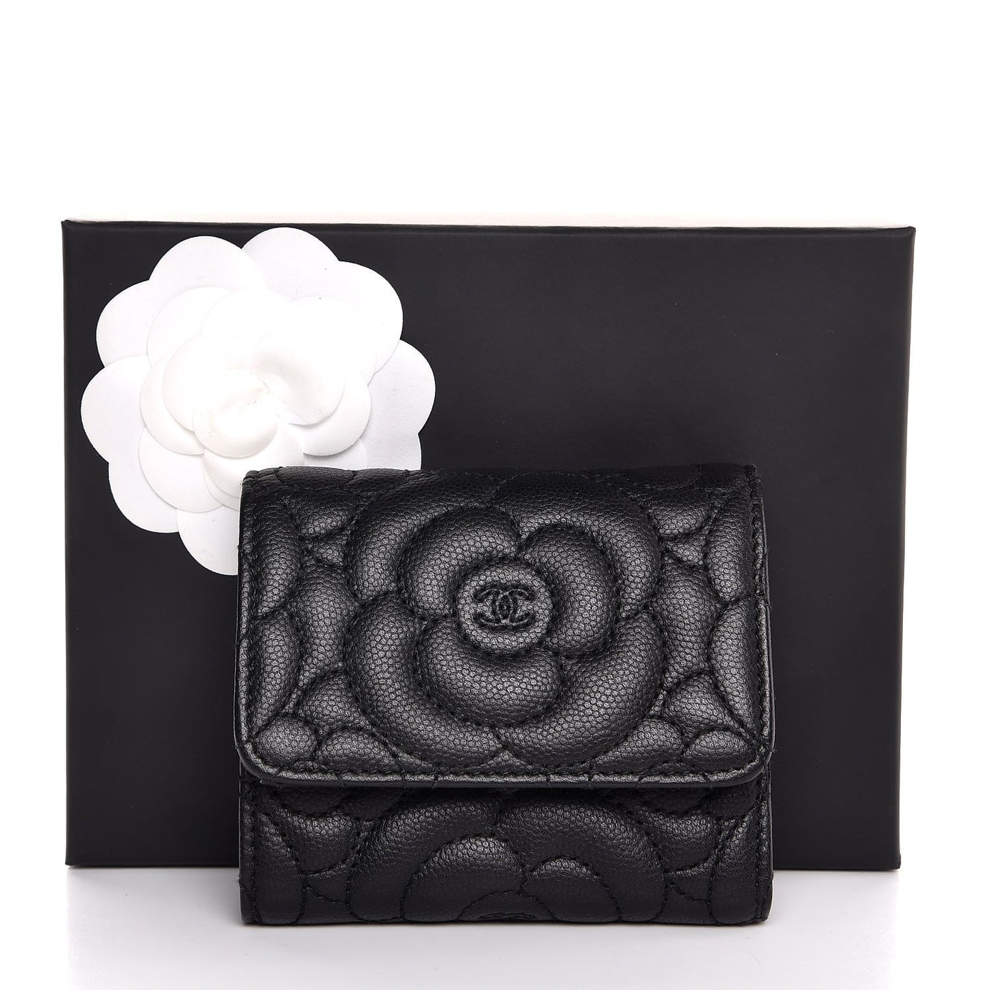 Caviar Camellia Embossed Compact Wallet Black